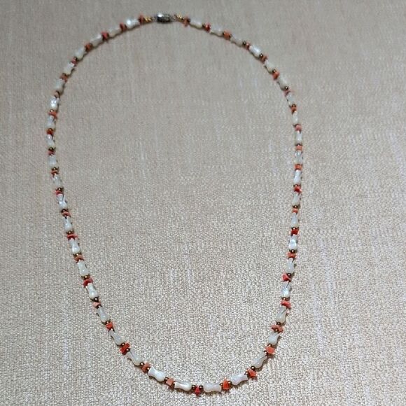 Tulip Carved Mother of Pearl Beads and Coral Necklace with Brass Bead Spacers - Picture 2 of 8